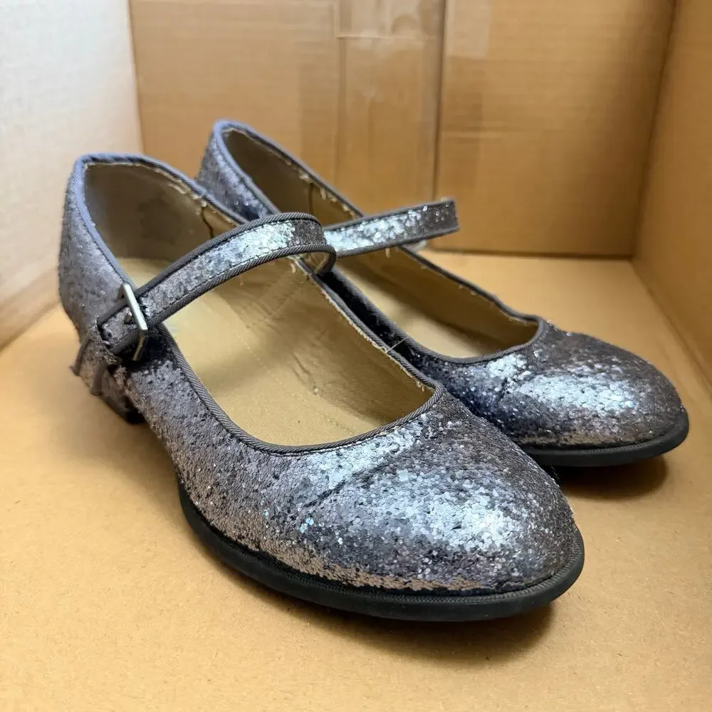Old Navy Girls High Heel Mary Jane Dress Shoes Silver Glitter Buckle Strap Sz 3